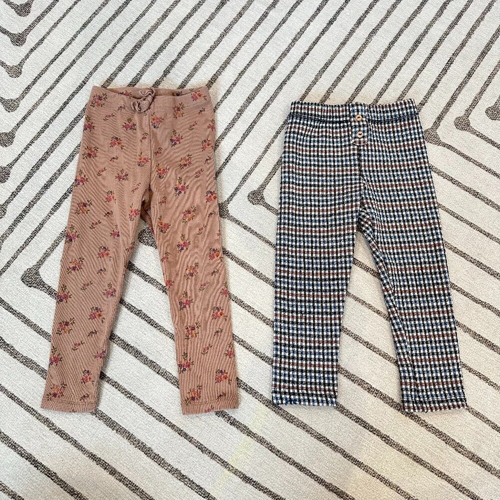 Zara Girl Ribbed Floral Leggings and Checkered Jacquard Leggings Set, Size 2-3T